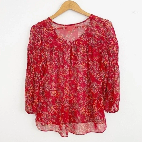 Anthropologie Pins & Needles Boho Red Floral Semi Sheer Long Sleeve Casual Top S - Picture 9 of 15